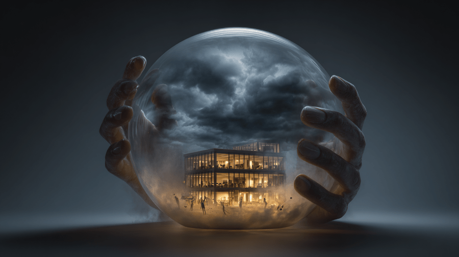 Shaker Heights small business shown protected inside a bubble while dark hands and storm clouds symbolize outside liability risks