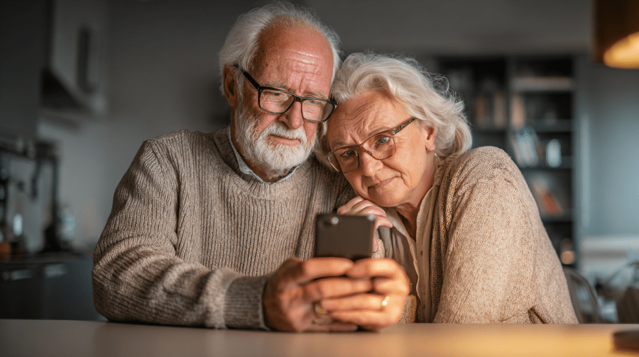 Elderly couple seated together at a desk, leaning toward a smartphone during a conference call, appearing confused and concerned in a modern, well-lit home.