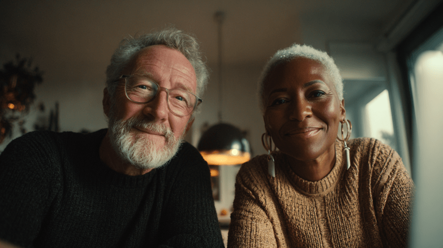 Cinematic overhead shot of a happy elderly couple in their early 60s seated at a tidy desk in the lower portion of the frame, with expansive negative space above, symbolizing thoughtful estate planning for unmarried partners in Shaker Heights and Greater Cleveland.