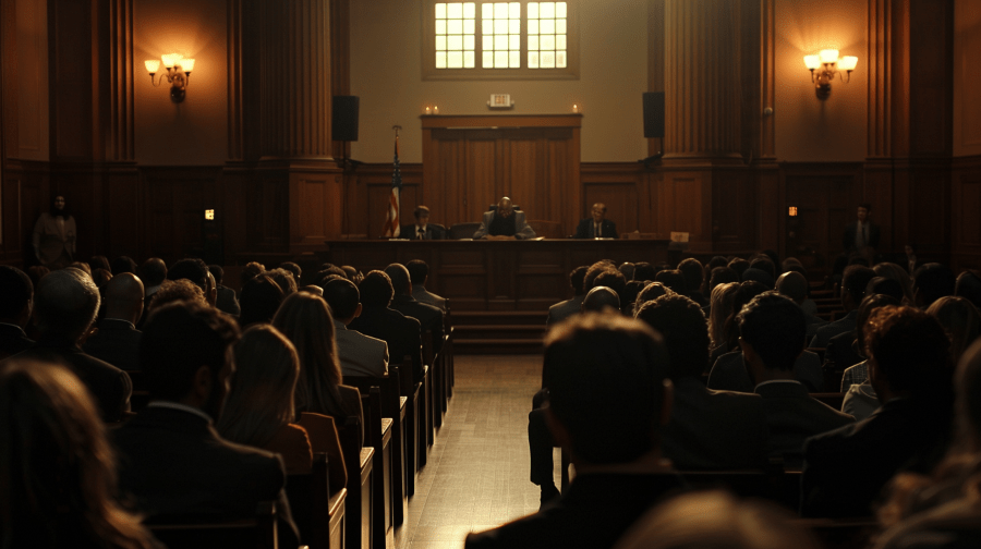 Crowded probate courtroom in Northeast Ohio with blurred faces on benches and a judge’s bench in the background, symbolizing what Shaker Heights families face when estates go through public court
