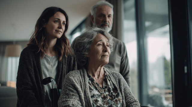 Elderly couple with their adult daughter in a modern Shaker Heights nursing home, the mother in a wheelchair and the family discussing long-term care planning